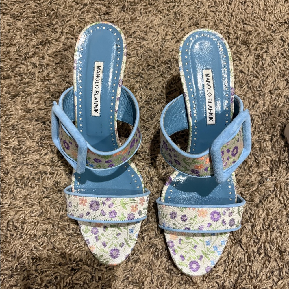 Manolo Blahnik Gable Floral Jacquard Blue Buckle Mule Sandals Heels EU 41 - Picture 9 of 9